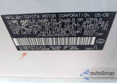 2008 Lexus Es 350 из США, поврежденный, VIN JTHBJ46GX82252192